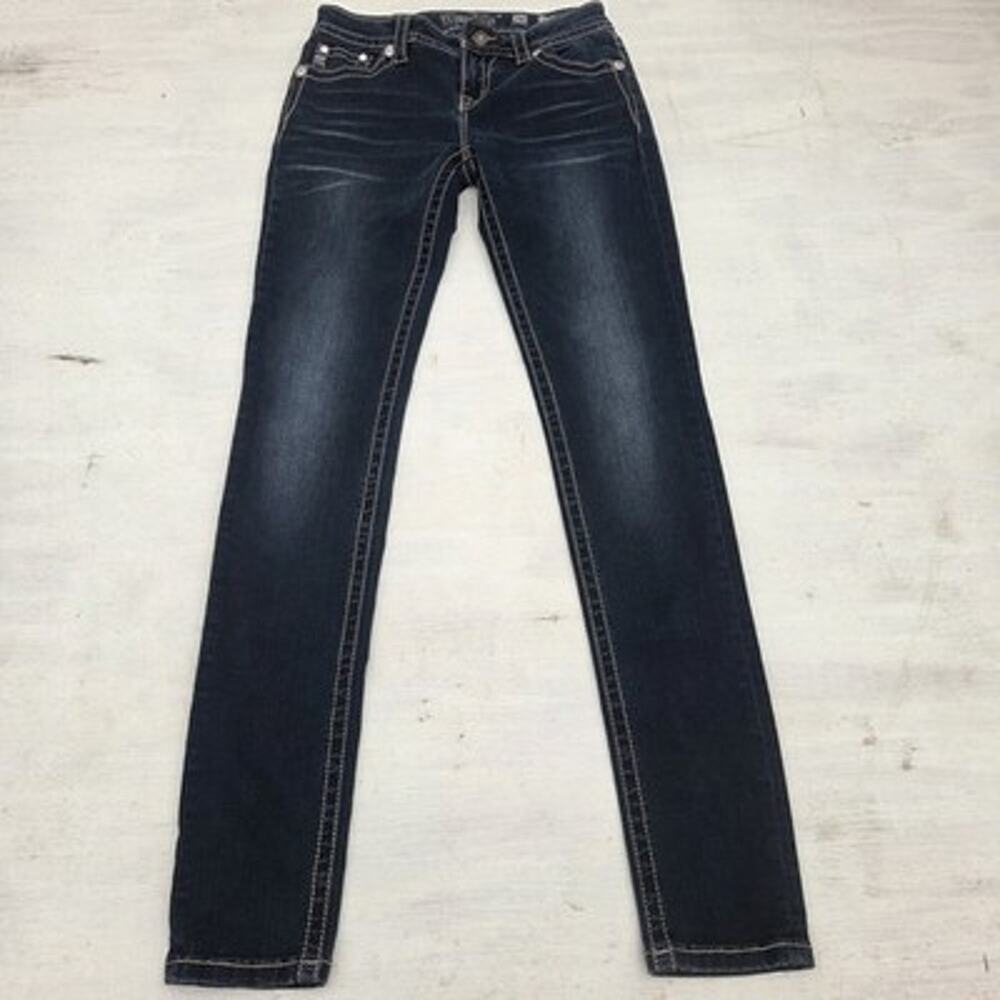 Miss Me Jeans Womens Size 26 Dark Wash Mid-Rise Skinny Thick Stitch Embellished